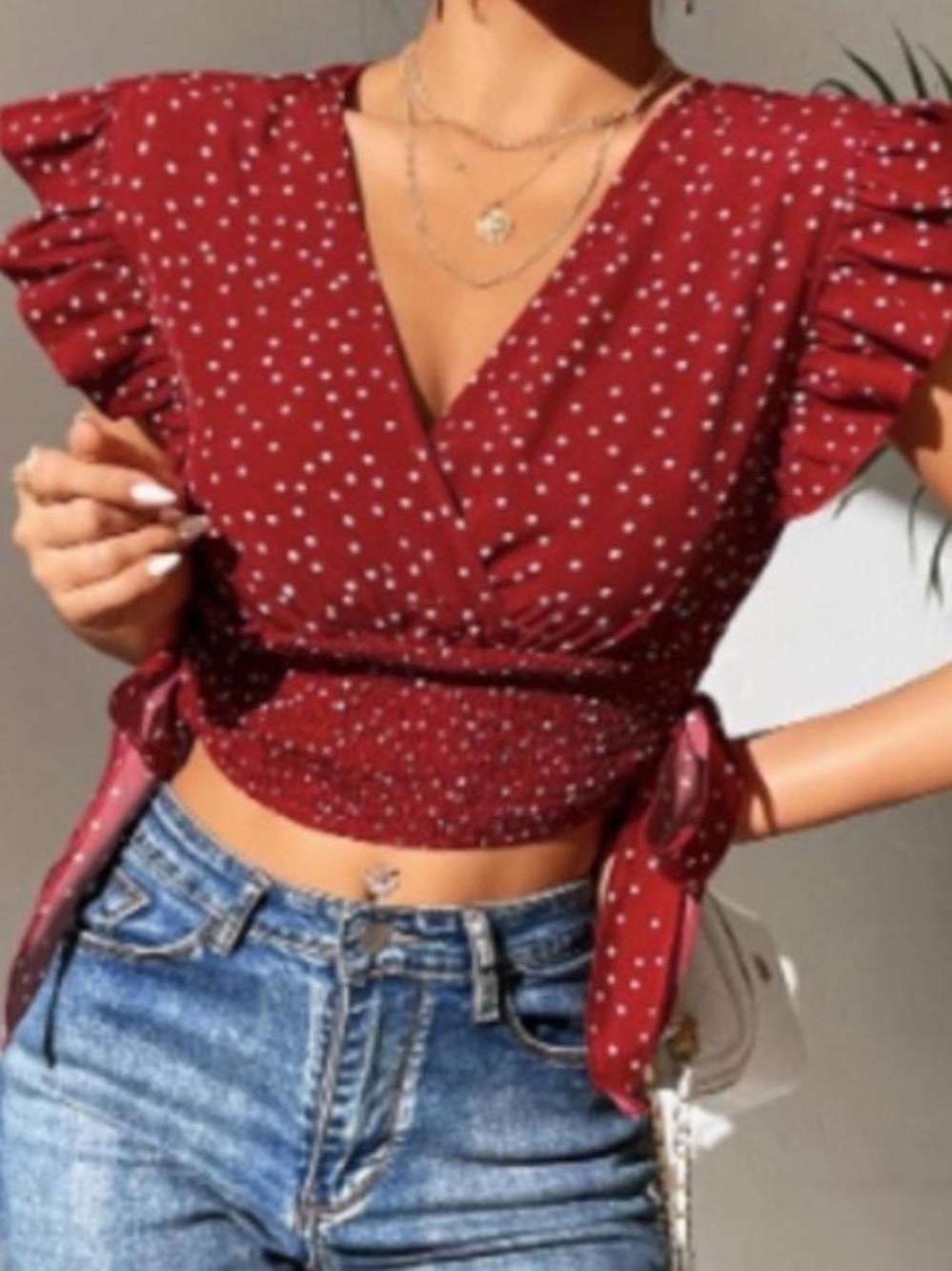 SHEIN Red Polka Dot Tie-Waist Smocked Crop Top